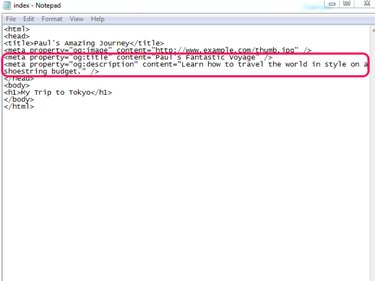 HTML file with Open Graph title and description tags indicated.