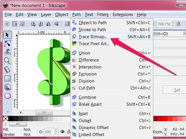 The Trace Bitmap item is near the top of the Path menu; the keyboard shortcut is Shift-Alt-B