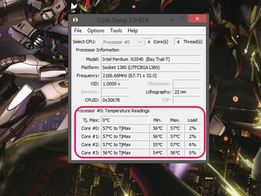 The Core Temp window, with the Temperature Readings section highlighted.