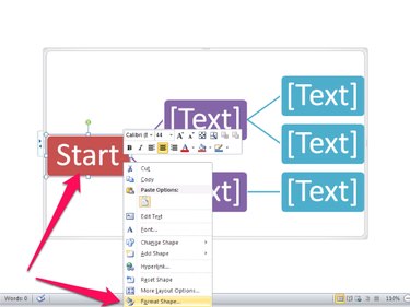 The shape right-click menu includes options for to change or add shapes and hyperlinks and a Format Shape option at the bottom.