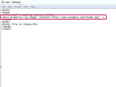HTML file with Open Graph meta property image tag circled.
