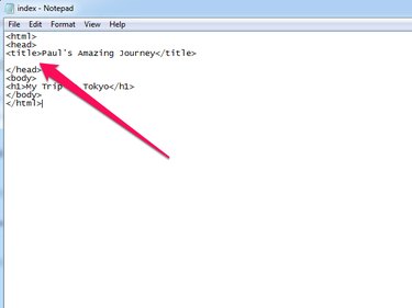 HTML file in Notepad, with blank line in the Head section indicated.