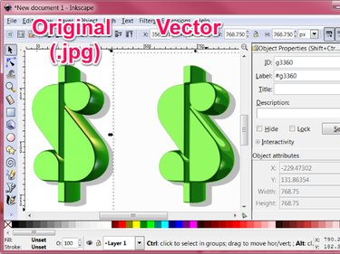 The new traced vector image is copied into the Inkscape main window next to or on top of the original jpg image; the quality and colors of the traced vector image may not exactly match the original image