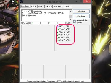 The SpeedFan window, with the Temperature section highlighted.